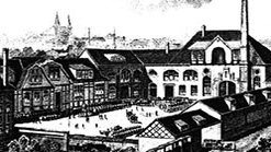Das Bild zeigt einen Kupferstich des Nordbrand Nordhausen Werksgeländes