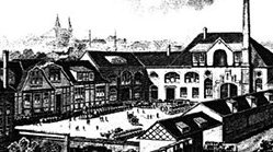 Das Bild zeigt einen Kupferstich des Nordbrand Nordhausen Werksgeländes