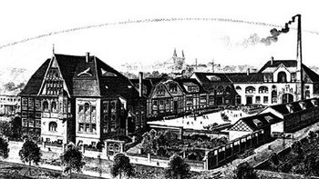 Das Bild zeigt einen Kupferstich des Nordbrand Nordhausen Werksgeländes